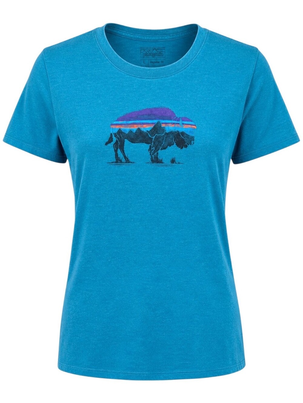 Patagonia Fitz Roy Bison T Shirt Women Large Teal Cotton Blend Graphic